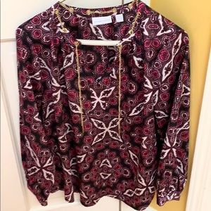 New York & Co burgundy maroon dark floral print blouse, small.
